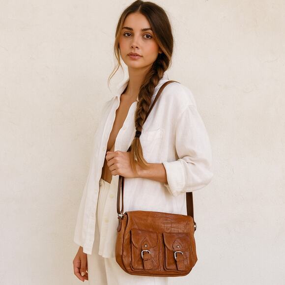 Spikes & Sparrow buckle pocket crossbody bag in Brandy Brown - Picture 1 of 7